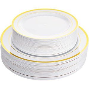Cutlery Kingdom 60 Plastic Plates Disposable with White & Gold Rim - 30 Plates